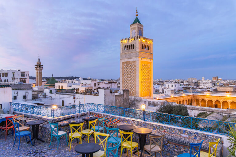 Rooftop cafe overlooking the Great Mosque in the Medina of Tunis.