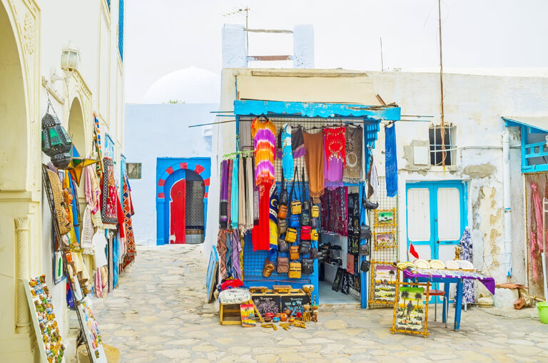 The colorful stall od old souk, Hammamet, Tunisia